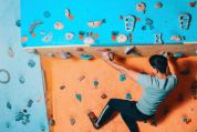 Mann an Hallenkletterwand Mann an Hallenkletterwand